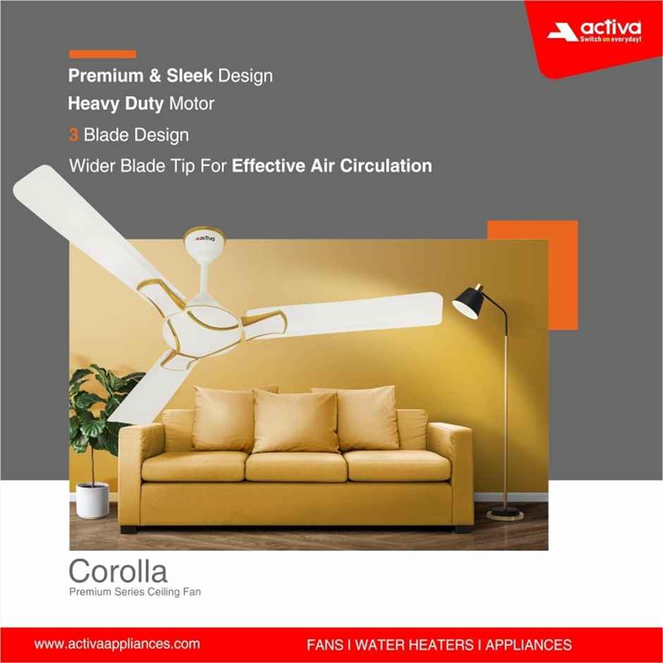 Activa High Speed Ceiling Fan,1200mm, 390 RPM, Anti DUST Coating,Pure Copper, Corolla Pearl Ivory