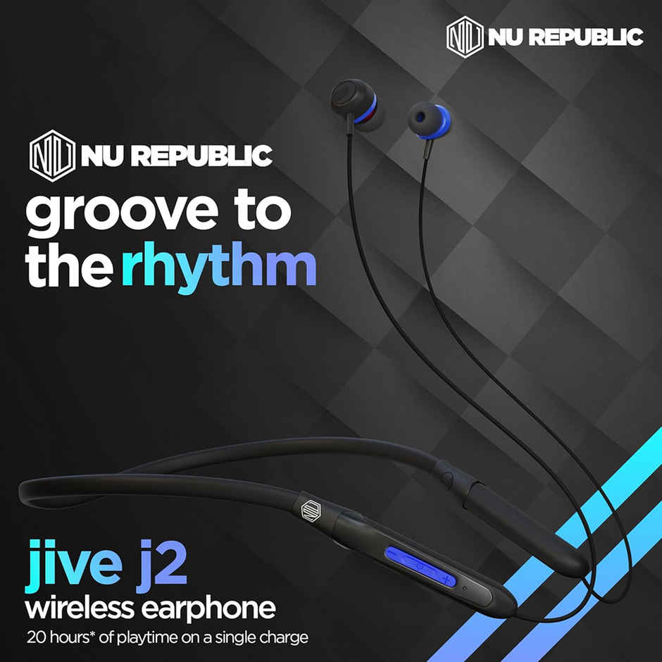 Nu Republic Jive J2 Bluetooth Neckband with Upto 20 hrs Playtime, X-Bass Technology, Calling Mic, Fast Charging & Pairing Earphones - Blue & Black