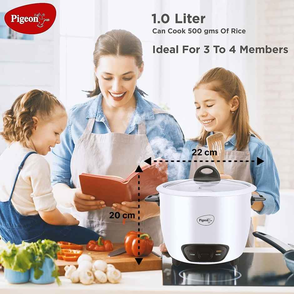 Pigeon  by Stovekraft Joy 400 Watts Rice Cooker, 1 litres, Toughened Glass Lid, Energy Efficient Cooking - White 