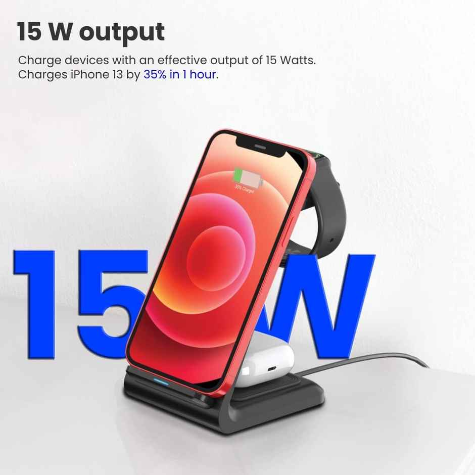 Portronics Freedom Trio 3-In-1 Wireless Charger With 15W Fast Charging - Black
