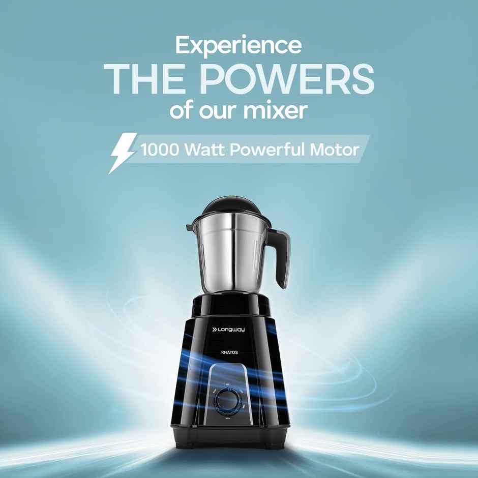 Longway Kratos 1000 Watt Juicer Mixer Grinder with 4 Multipurpose Jars for Grinding, Mixing, Juicing with Stainless Steel Blades(Black)