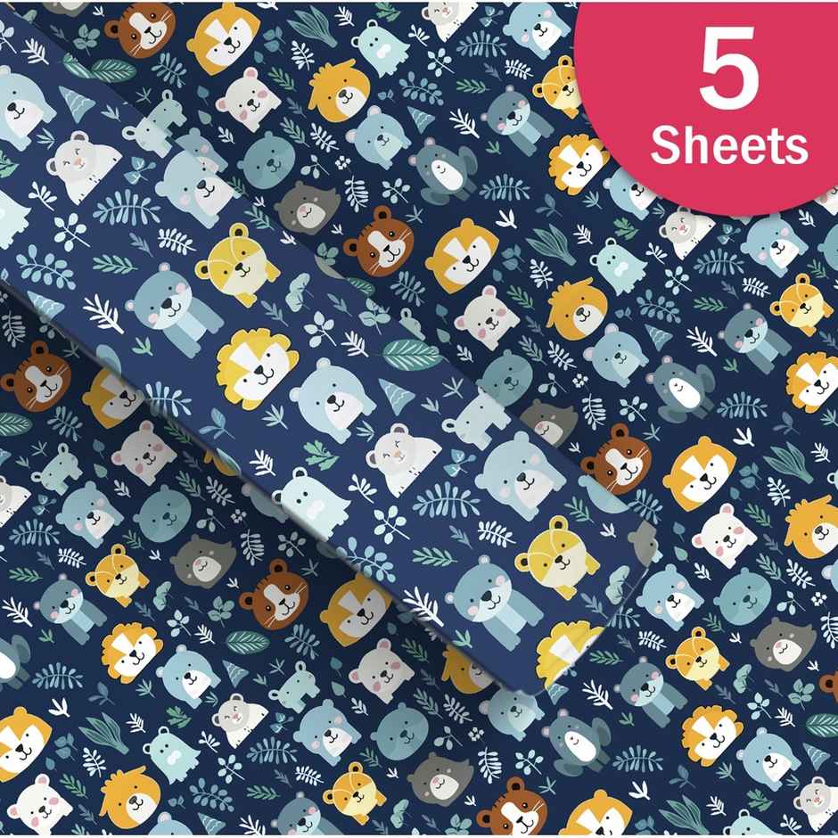 Paperpep Blue Cute Cartoon Animal Print Gift Wrapping Paper | 19 x 29 Inch | In Roll Pack