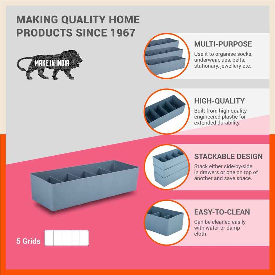 Bathla Set of 3 Drawer Organiser - Multi-purpose, Stackable, 5 Grids - DORI | Ash