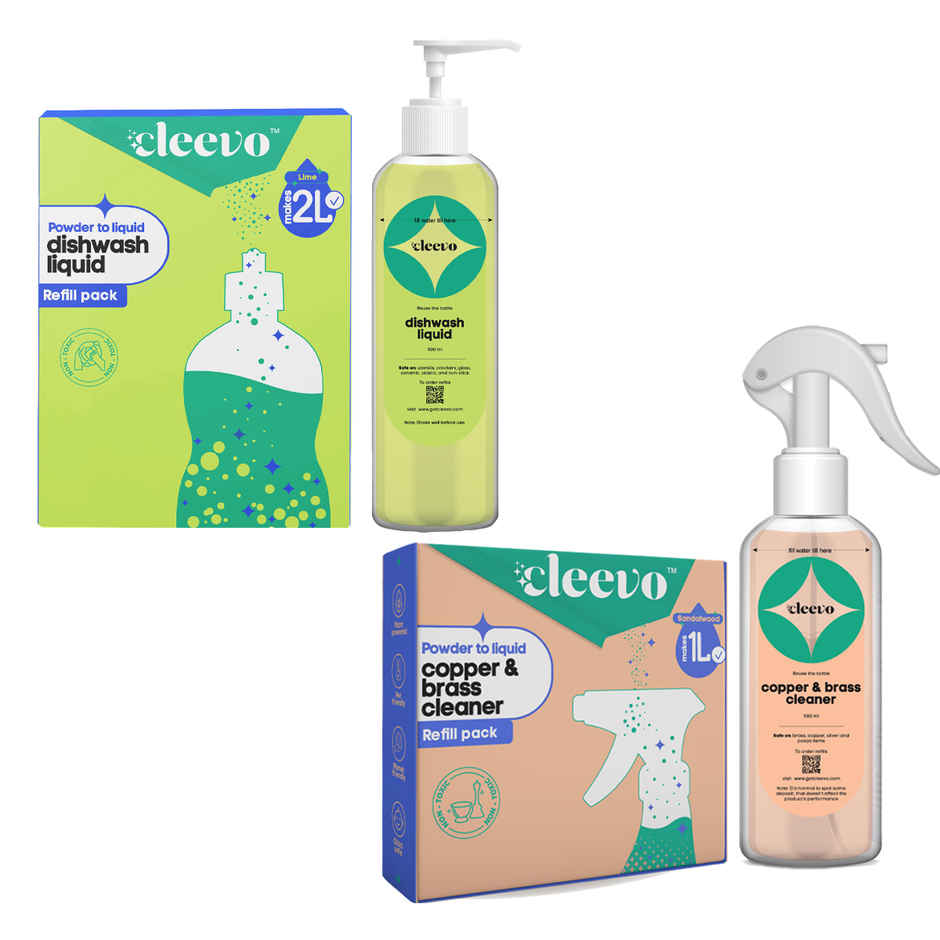 Cleevo Natural Copper Brass & Silver Cleaning Spray Pack Powder To Liquid (1l) & Cleevo Natural Dishwash Liquid Pack Non-Toxic Eco-Friendly Powder To Liquid Lime (2l) Combo