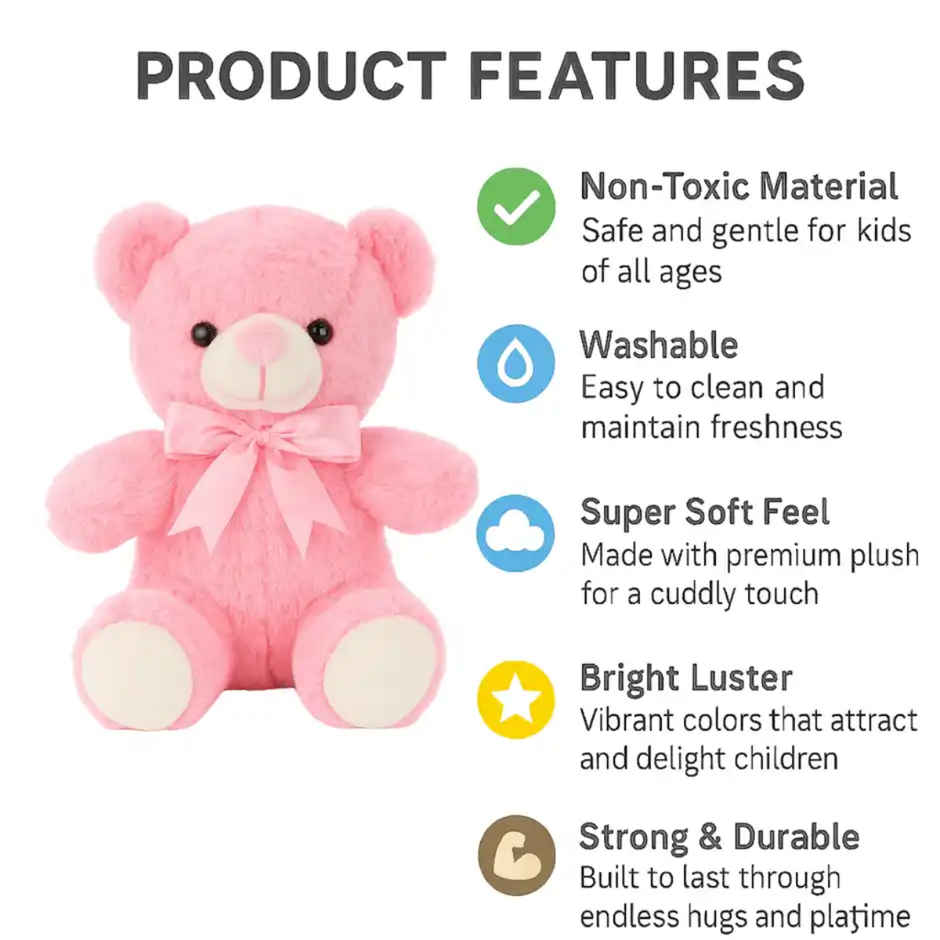 Fablue Cute Baby Pink Fur Teddy Bear with Pink Bow Plush Toy for Kids