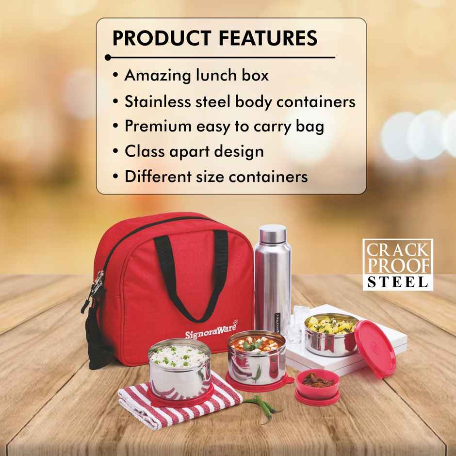 Signoraware Sling Steel Lunch Box With Steel Bottle Food Grade Stainless Steel Red