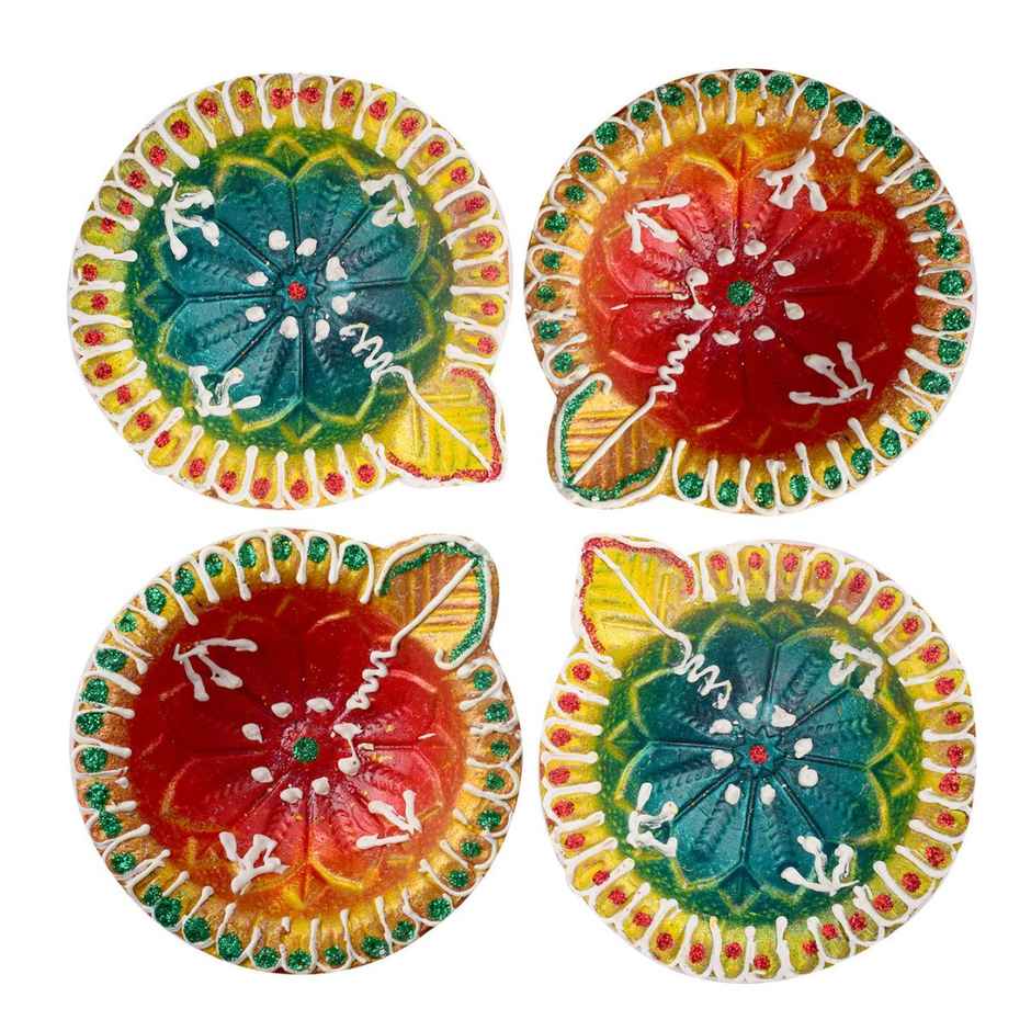 Designer Multicolor Clay Diya | Assorted Shapes | Designer Diya | 4 Pcs | Satvik