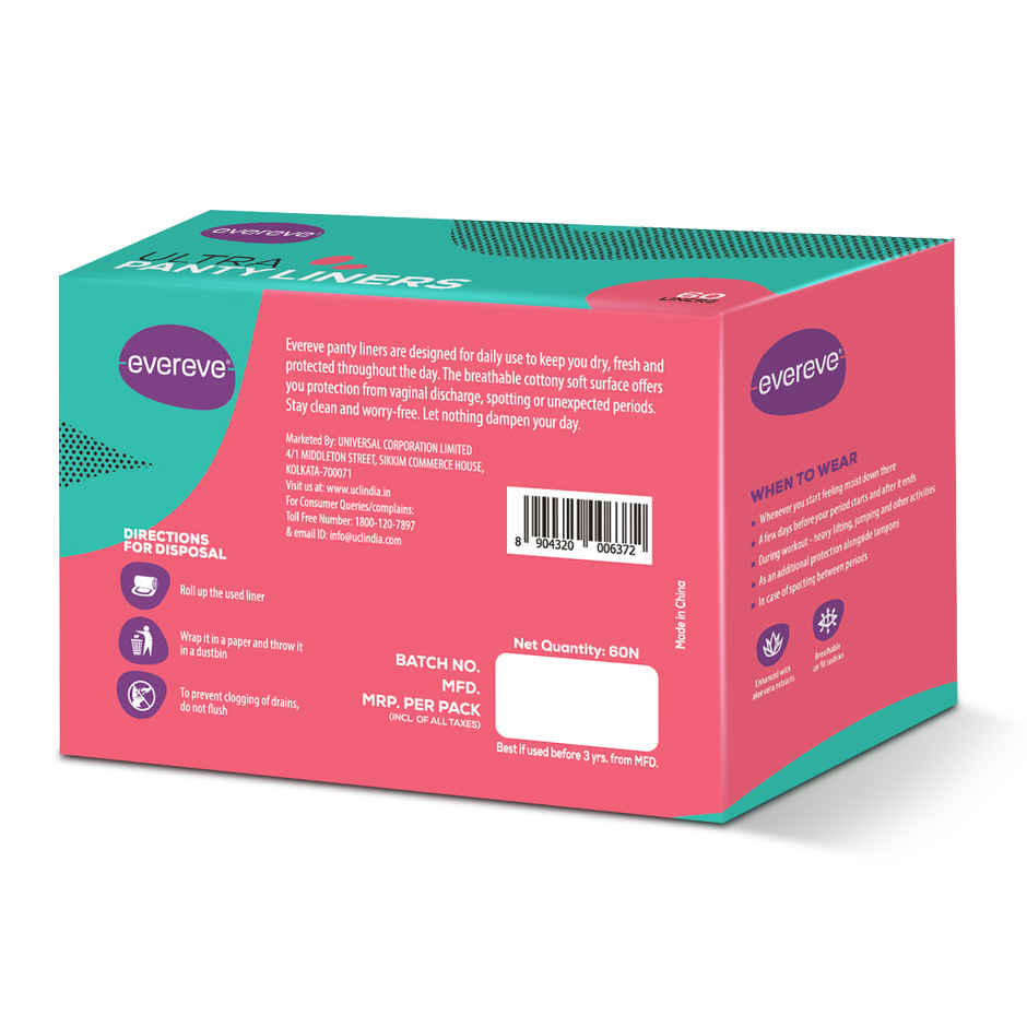 Evereve Anti-Bacterial Dailywear Panty Liners for Women, Pack of 60, 180mm Length, with Aloe Vera