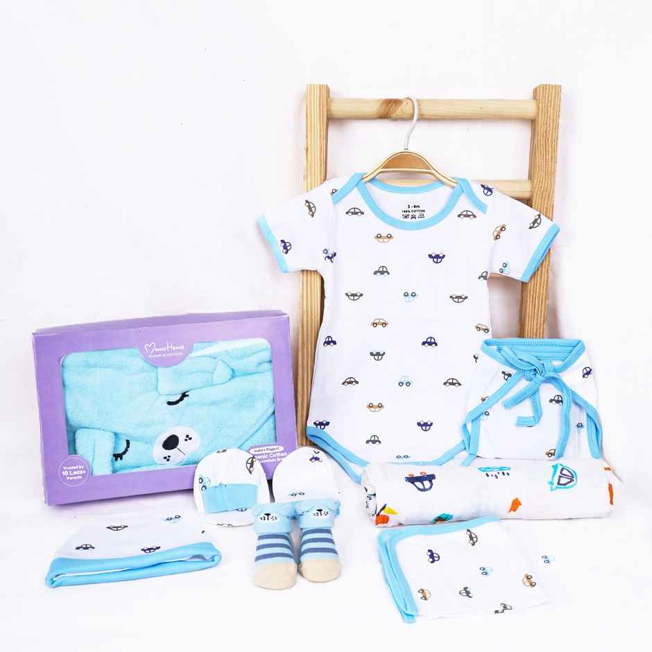 Moms Home Organic Cotton Baby Essentials 11 Items Gift Set | 0-3 Months | Car