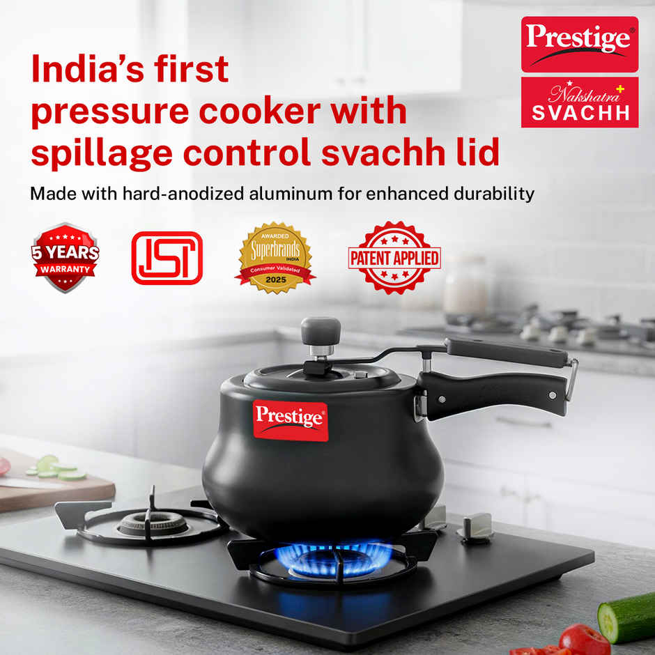Prestige Nakshatra Plus Svachh HA Aluminium Handi Pressure Cooker 3L,Ind Base,Spillage Control,Black