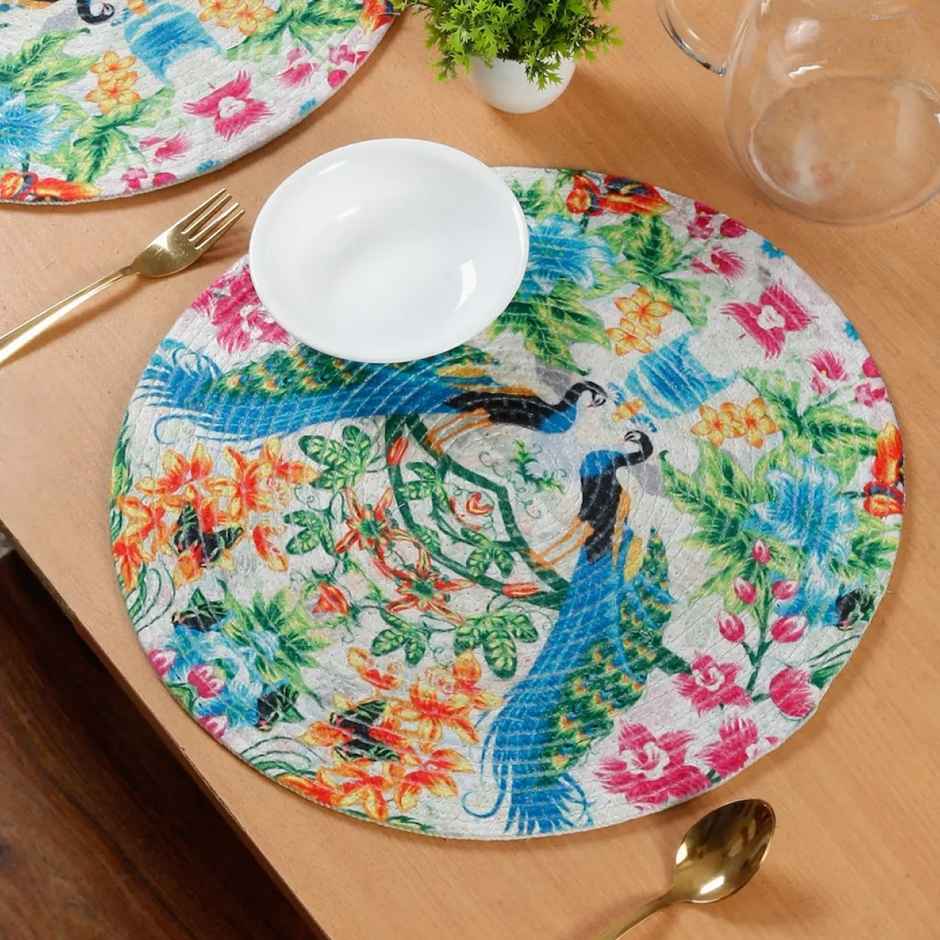 Hosta Homes Pure Cotton Multicolor Peacock Digitally Printed Table Place Mats | Pack of 2