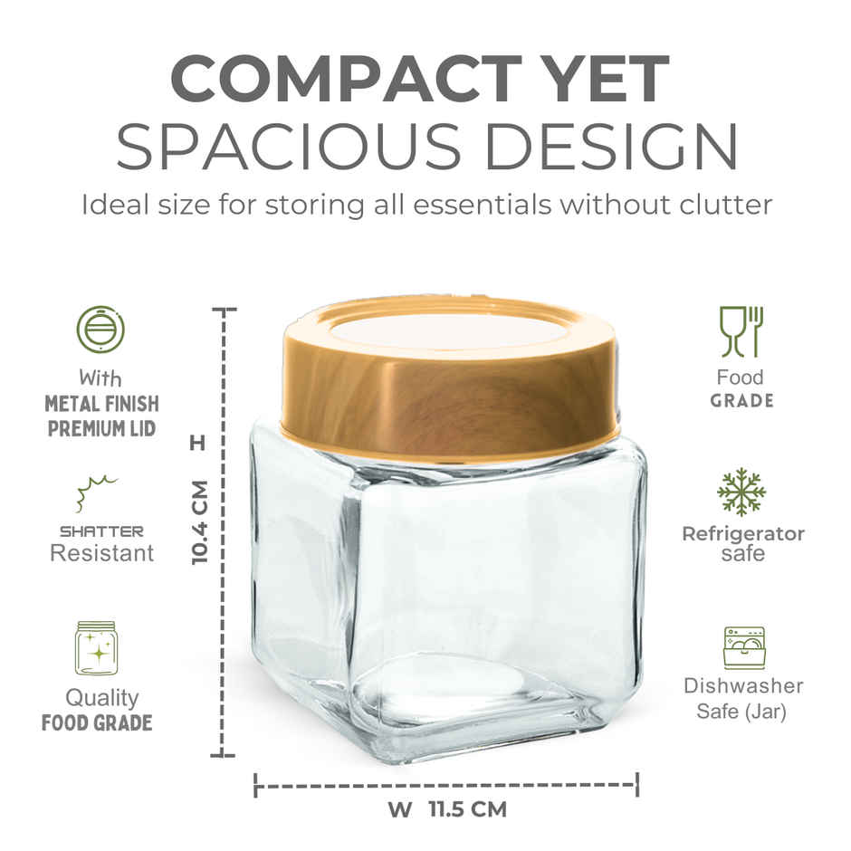 YERA GLASSWARE Premium Woody Airtight Storage Jar Set with Wooden See Through Lids - 595 ml