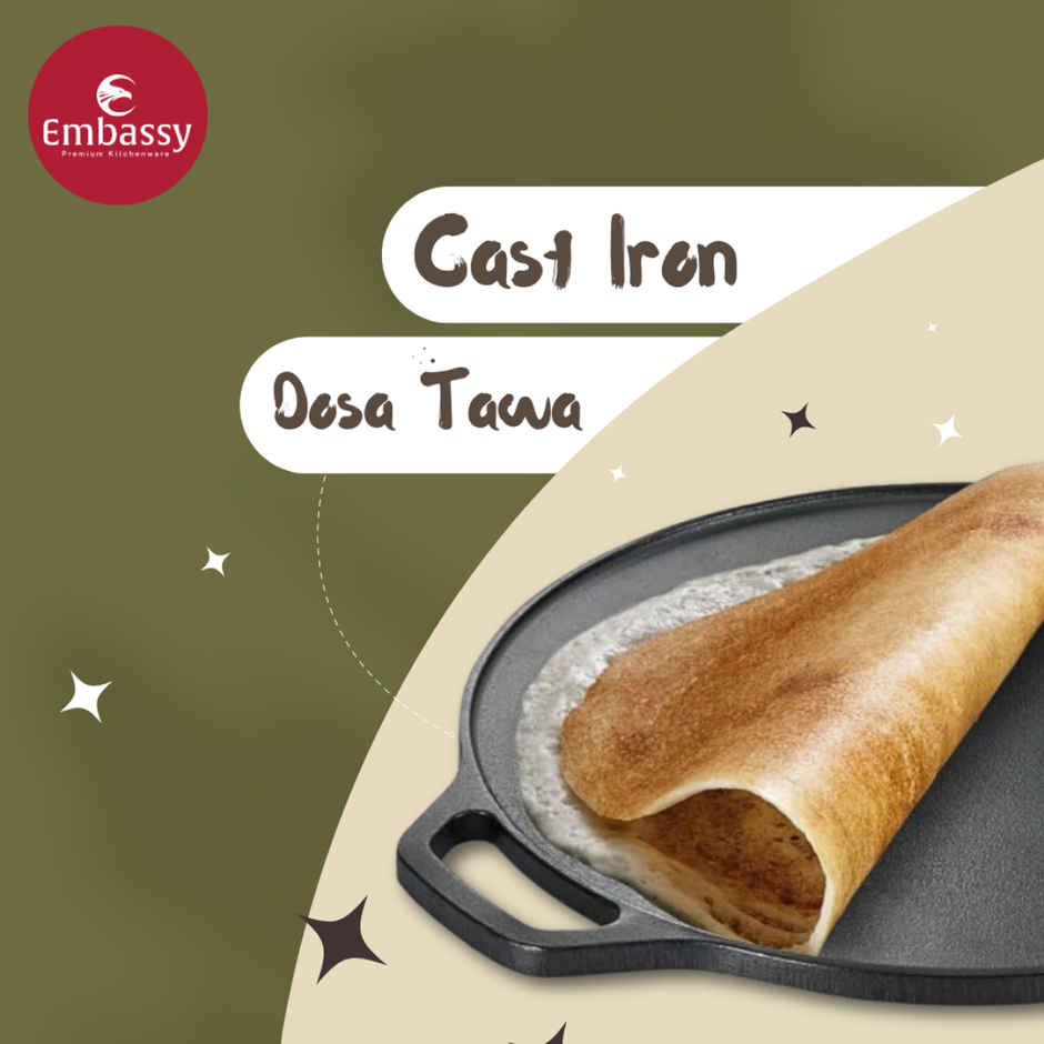 Embassy Cast Iron Dosa Tawa Pre-Seasoned, 12-Inches, For Dosa/Chapati/Roti, Premium Material Tava
