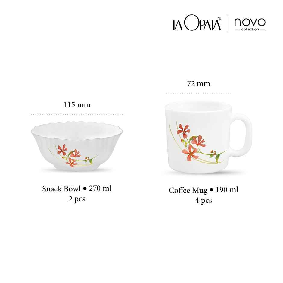 La Opala Novo Coffee Time Set of 6 | Opal Glass Coffee Mugs & Bowls for Gifting - White