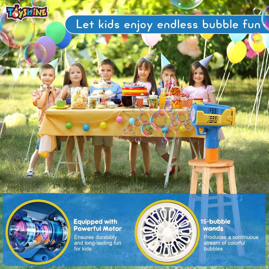 Toyshine 15-Hole Automatic Rechargeable Bubble Gun Machine with 2 Refill Bottles, Assorted