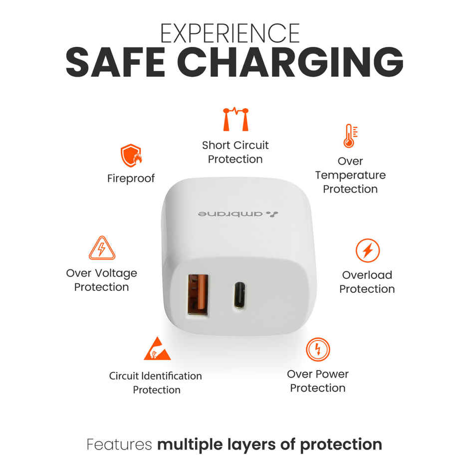 Ambrane 20W Dual Output Fast Charger/Adapter With Qc & Pd Technology For Iphone Android & Other Devices Multi-Layers Protection (Raap H11) - White