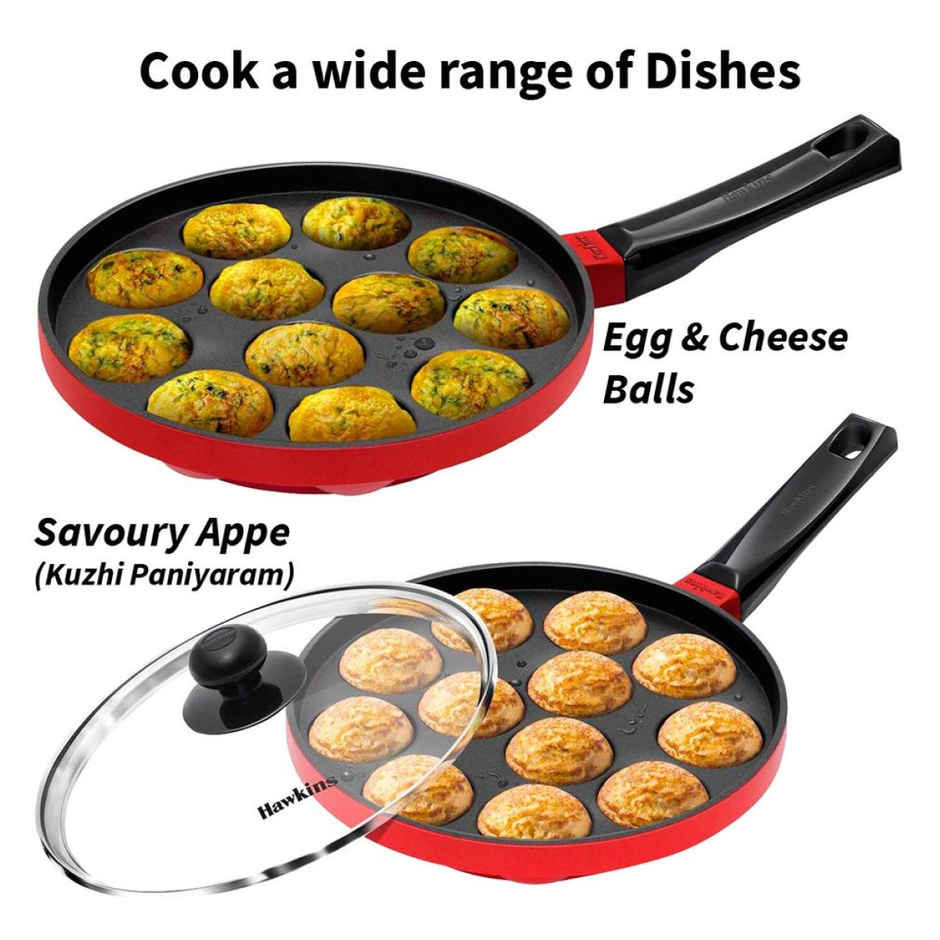 Hawkins 22 Cm Appe Pan Non Stick Paniyaram Pan With Glass Lid 12 Cups Pan - Red