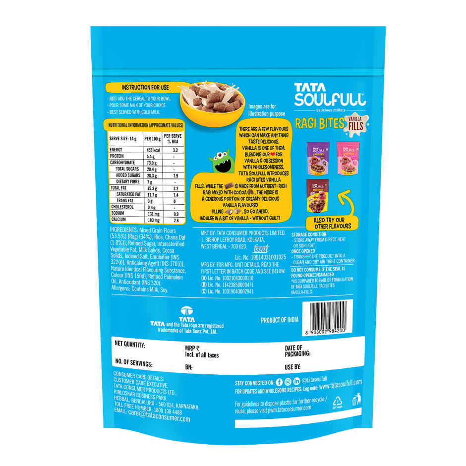 Tata Soulfull Ragi Bites Vanilla Fills, No Maida, More Cream Filling, Kids Cereal