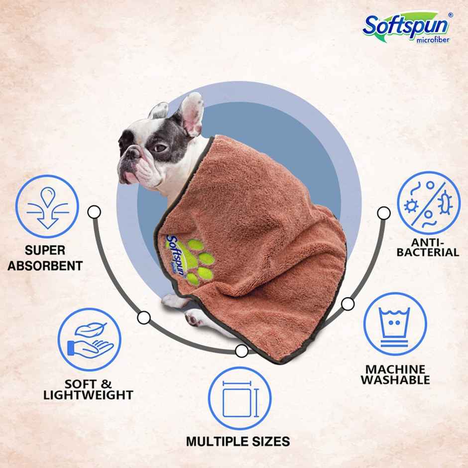 Softspun Microfiber Pet Towel (Medium, 380 GSM, 60x120cm, 1pc, Brown)