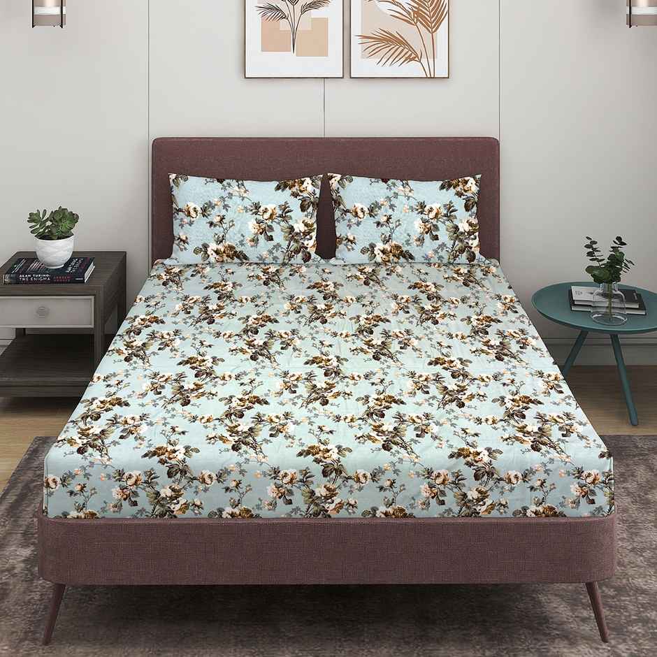 Romee Floral Printed Microfiber Double Bedsheet Queen Size 150 TC| with 2 Pillow Covers| Blue