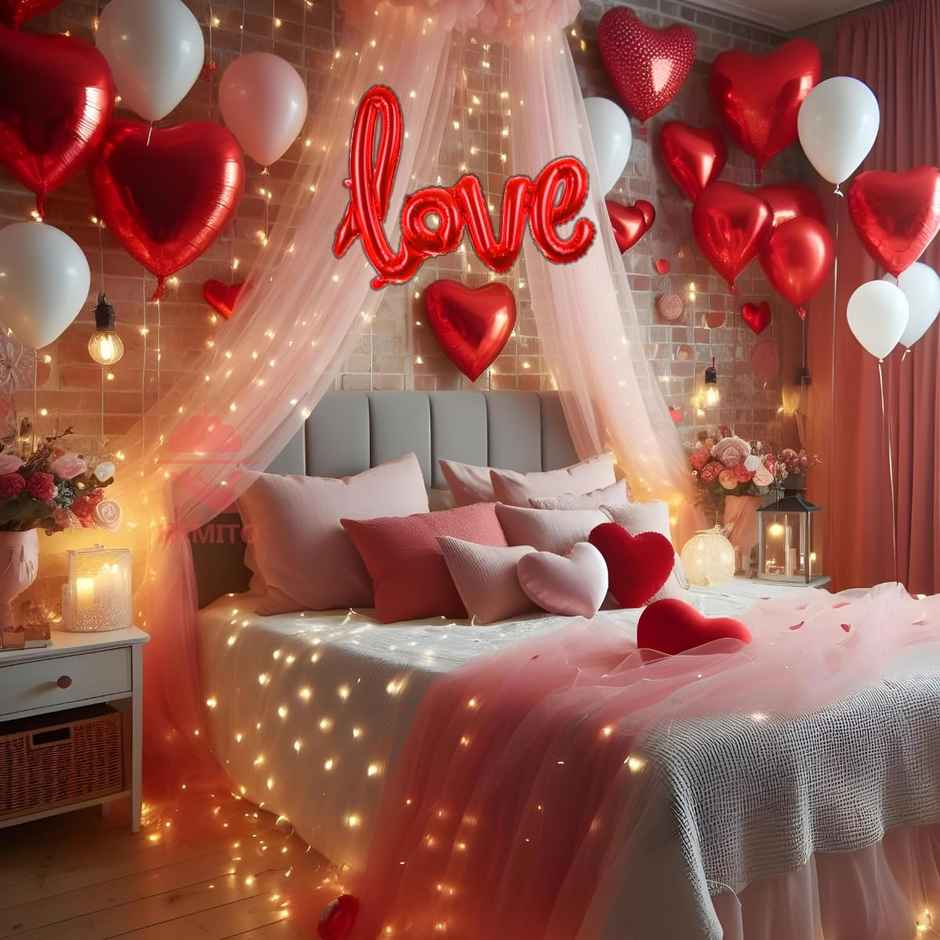Tent Romantic Decoration Set | Love Foil Balloons, Heart Backdrop, LED Lights | Hemito