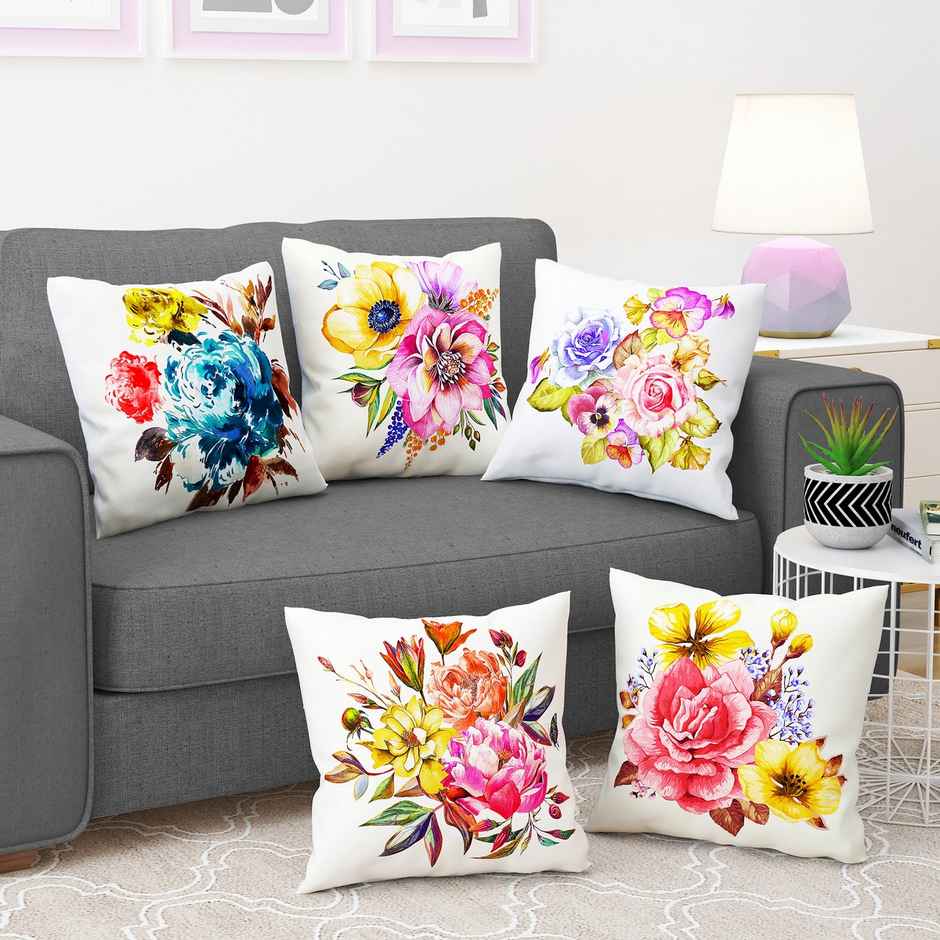 Story@Home Red & Blue Floral Polyester 5 Units of Helio Cushion Covers
