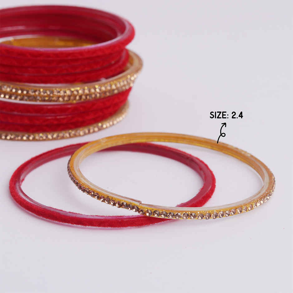 Elegant Velvet Bangles | Traditional Jewellery | Red & Gold | Pack Of 12 | Size 2.4 | Oye Happy