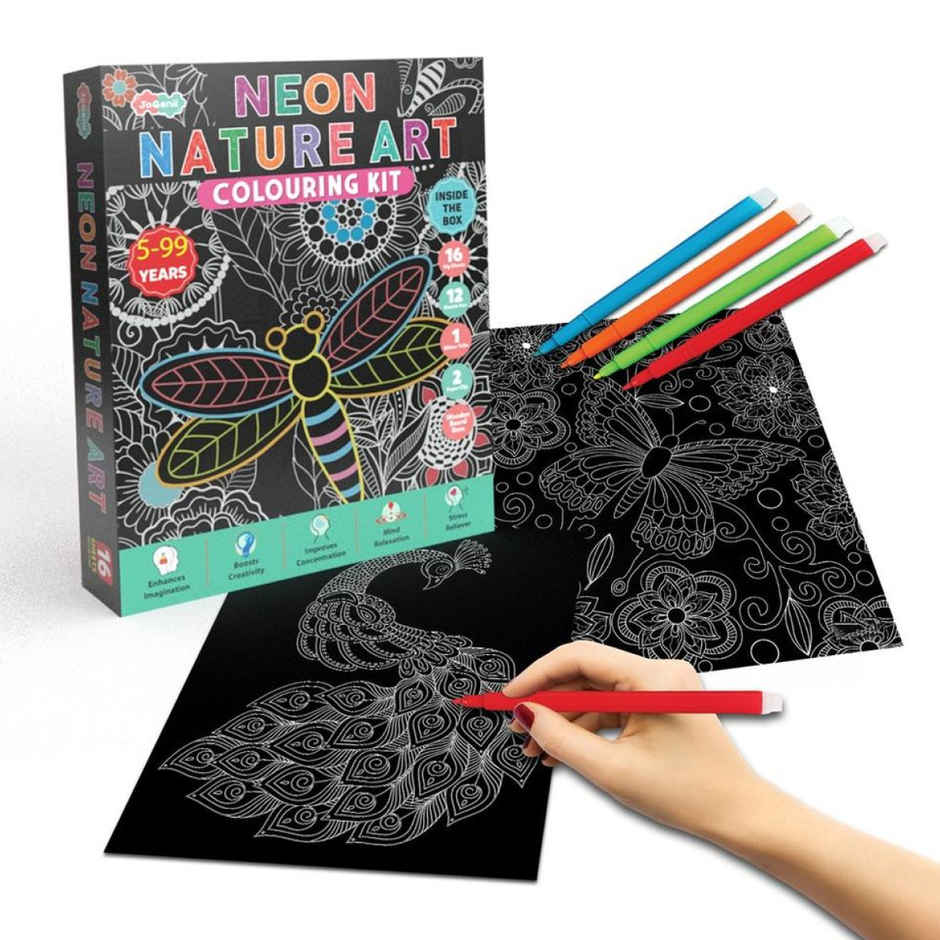JoGenii Neon Nature Art Colouring Kit With 16 Big Sheets-Sketch Pens And Glitter Tube