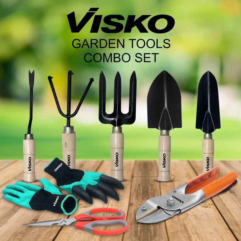 Visko 538 Garden Tools Kit | 5 Pcs Wooden Set, Gloves, Super Pruining Scateur, Scissor | 8 Tools