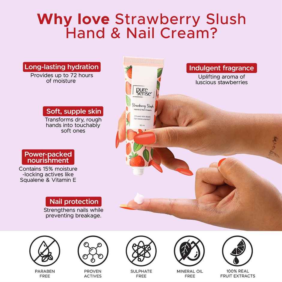 Puresense Strawberry Slush Non-Sticky Hand And Nail Cream Infused With Biotin, Glycerin