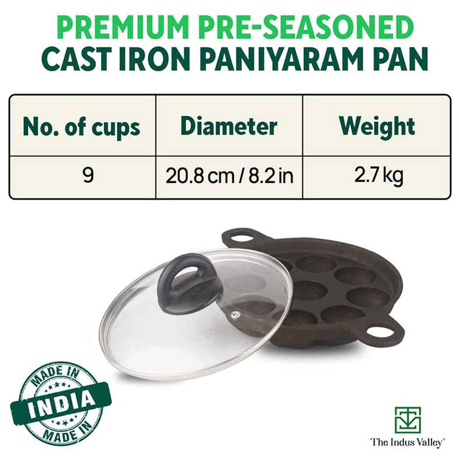 The Indus Valley Super Smooth Cast Iron Paniyaram Pan with Glass Lid | 9 Pit, 20.8cm/8.2inch, 2.7kg