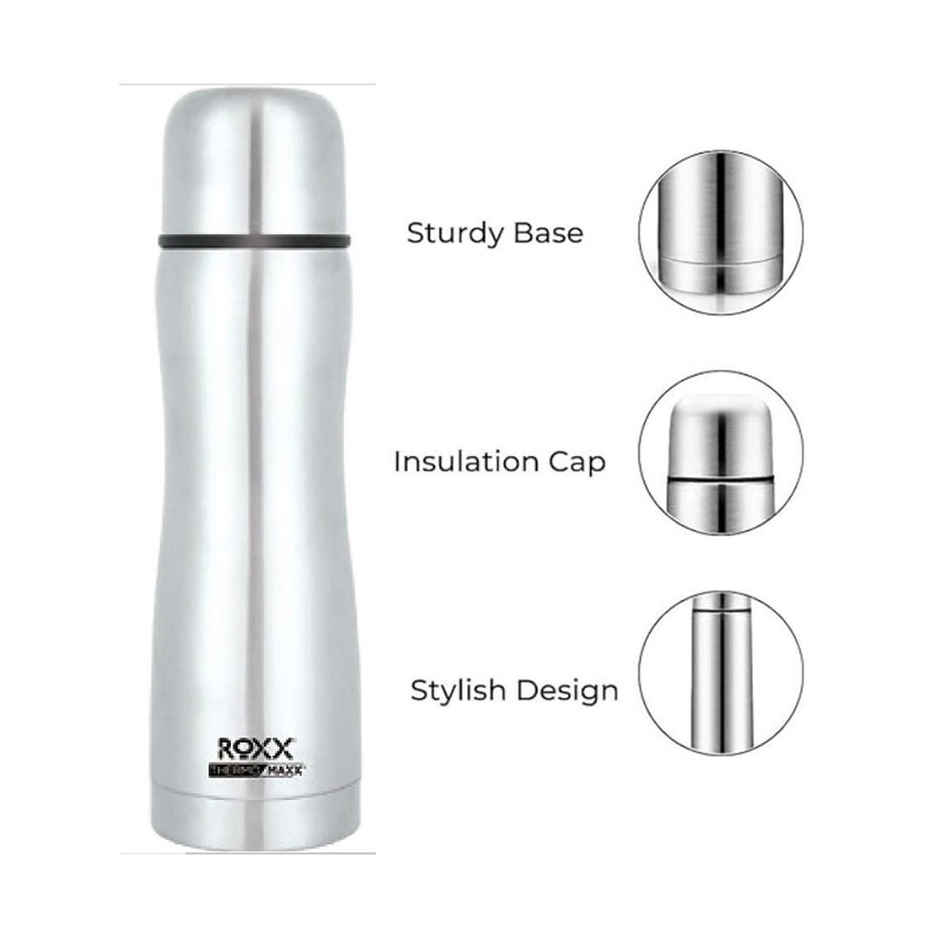 Roxx Silver Curvy Bullet Flask | 1 L | SS Vacuum Insulated | Leak-Proof | BPA-Free | Rust Resistant