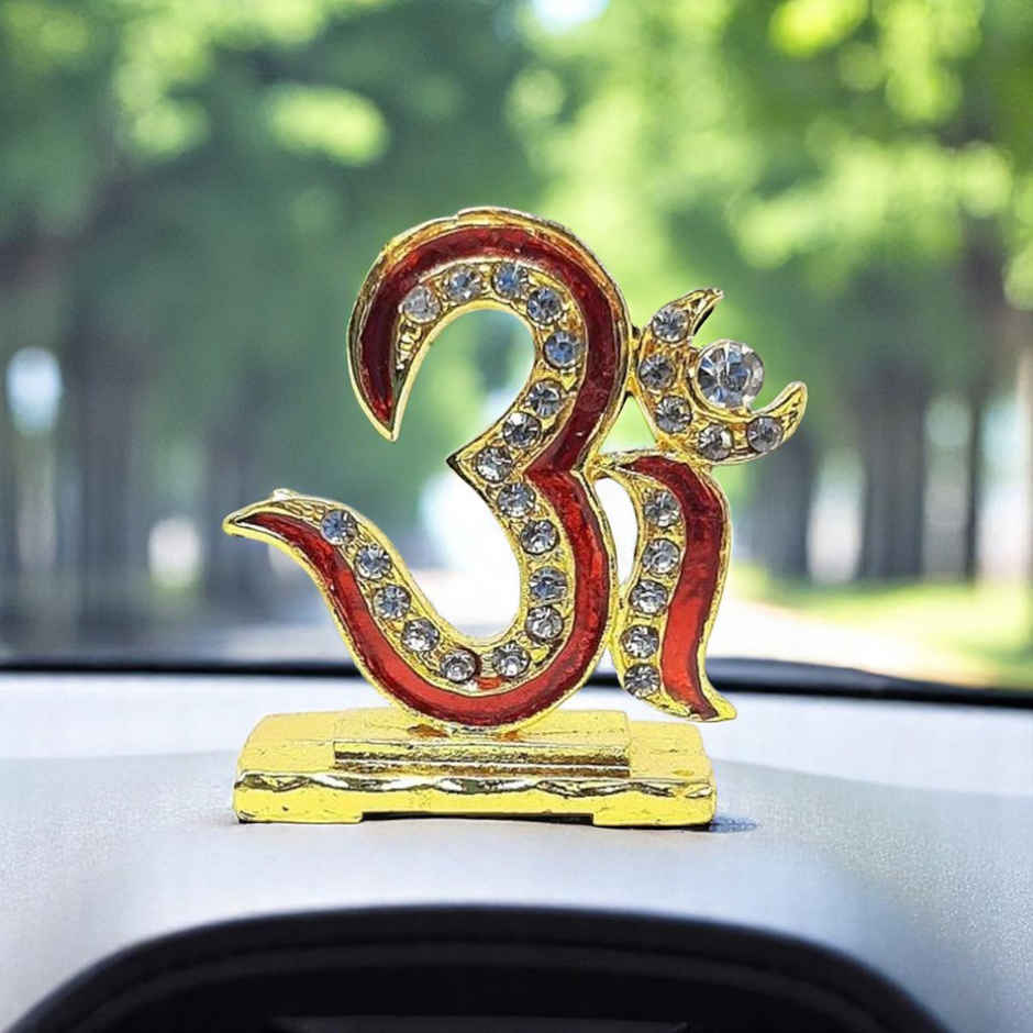 TiyuTrendzz Stone Studded Om for Car Dashboard | Pooja | Home | Office - Golden