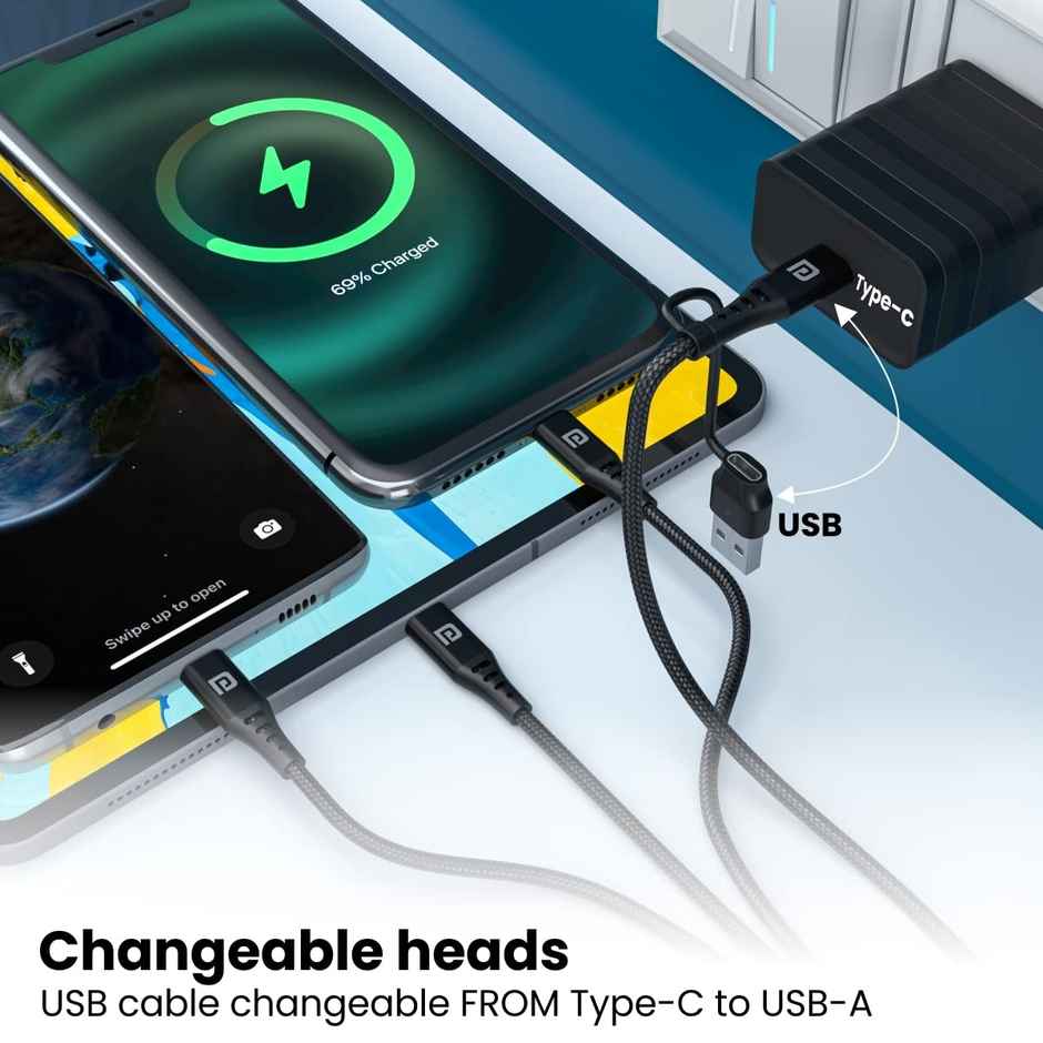 Portronics Konnect J9 3-in-1 (Type C + 8Pin + Micro USB) Cable with Changeable USB Head with 3.0 A Total Output, 1.5M Cable Length - Black