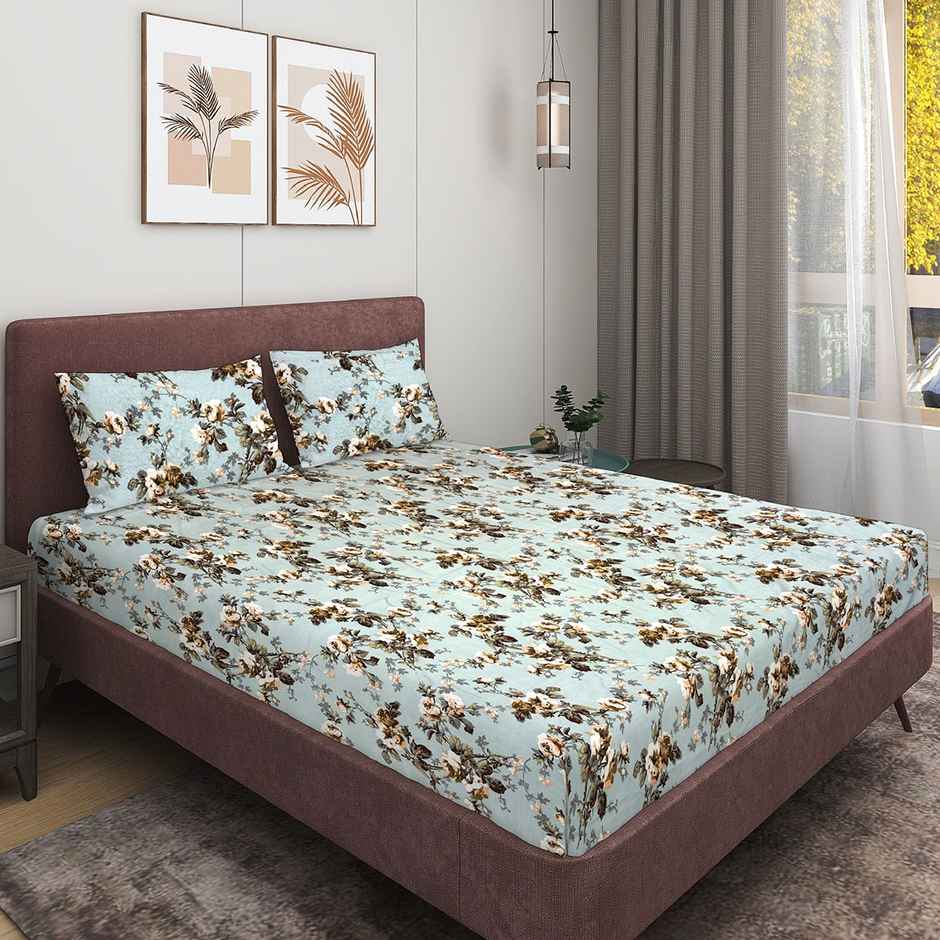 Romee Floral Printed Microfiber Double Bedsheet Queen Size 150 TC| with 2 Pillow Covers| Blue