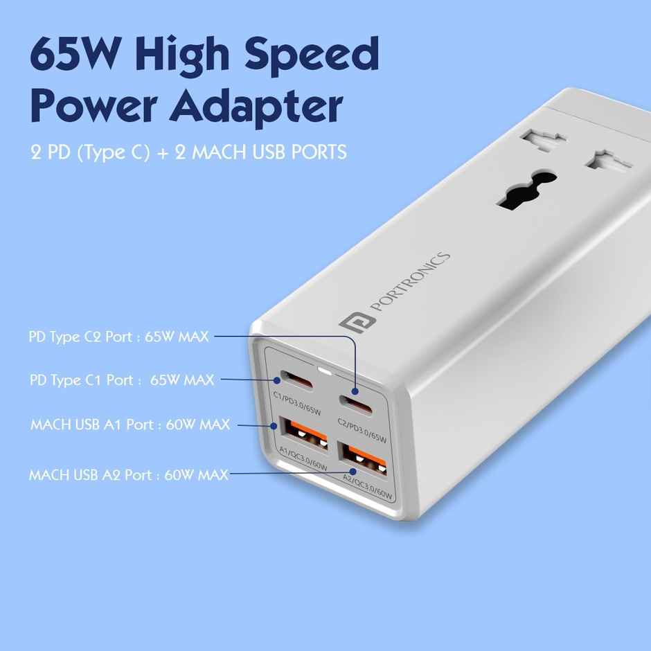 Portronics Adapto Volt 65 65W High speed 5-in-1 Power Strip with 2 Type C PD Ports(White)