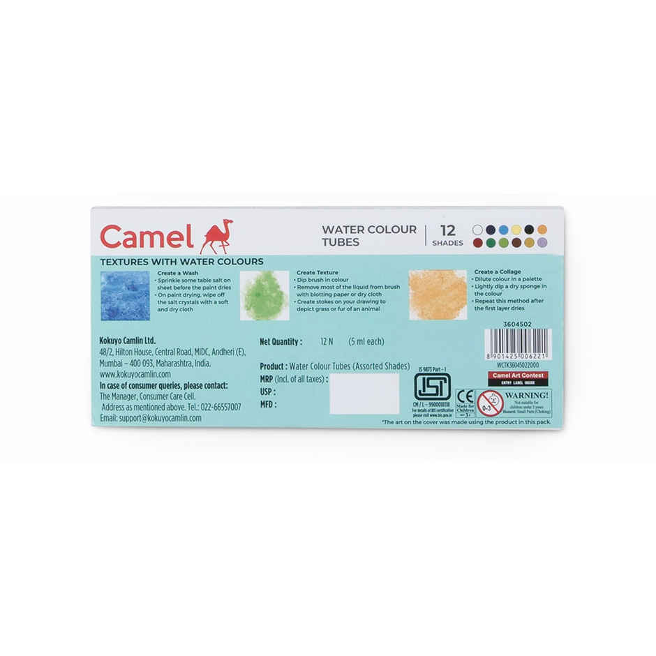 Camel Student Water Colours Assorted Pack Of Tubes, 12 Shades In 5Ml