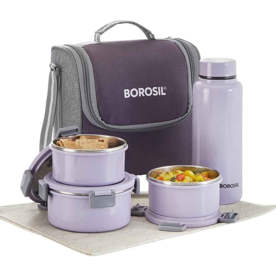 Borosil Glory Lavender Stainless Steel Lunchbox, 3pcs Set (280ml x 2 + 460ml x 1) + 1Bottle