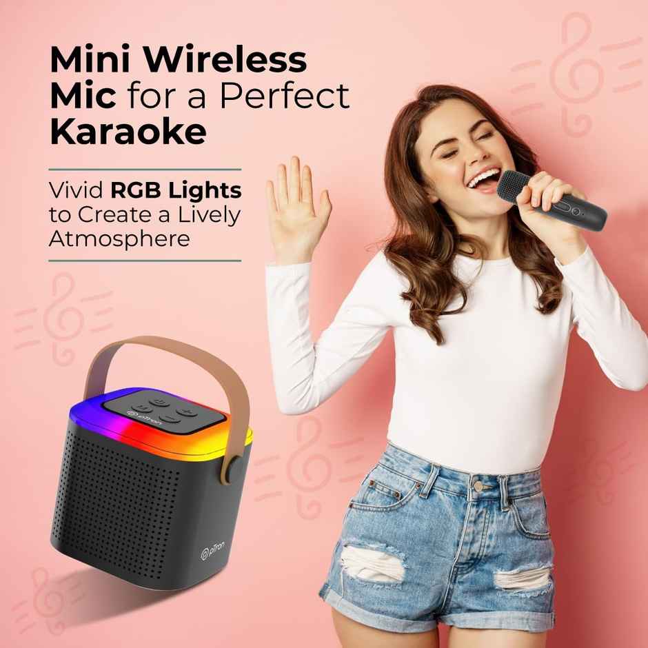 pTron Fusion Tunes 10W Bluetooth Speaker | Wireless Karaoke Mic | RGB Lights | 8Hrs Playtime - Black