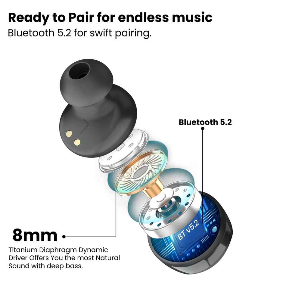 Portronics Harmonics Twins S3 Smart TWS Earbuds with 20 Hrs Playtime, Bluetooth 5.2, 8mm Drivers, Lightweight Design - Black