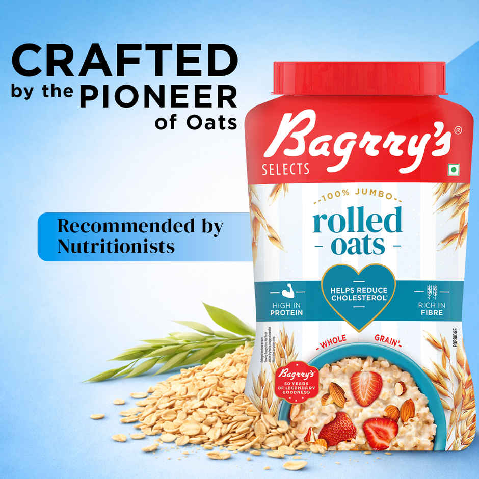 Bagrry's Rolled Oats Jar High Fibre Premium Rolled Oats Protein Rich Breakfast Cereal Wholegrain Breakfast