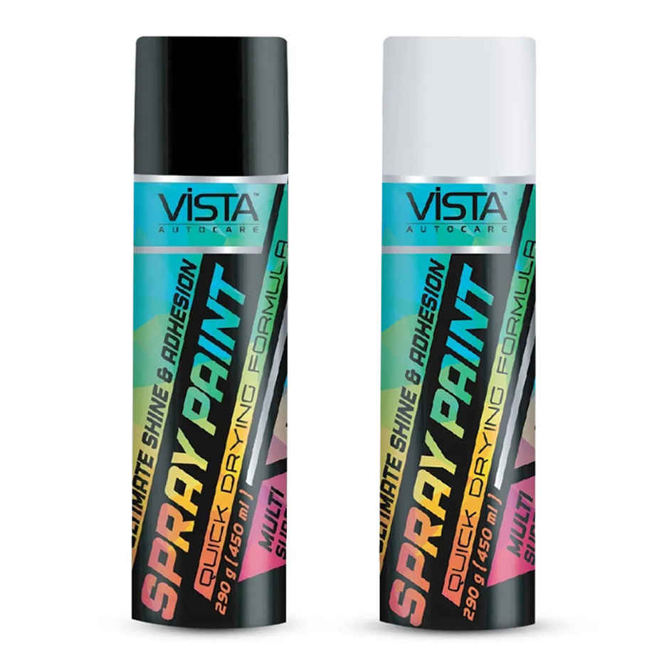 Vista Auto Care Black Matte Spray Paint Quick-Drying | Multi-Surface For Metal (400ml) & Vista Auto Care White Spray Paint | Quick-Drying Multi-Surface For Metal | Wood |Plastic | Walls (400ml) Combo