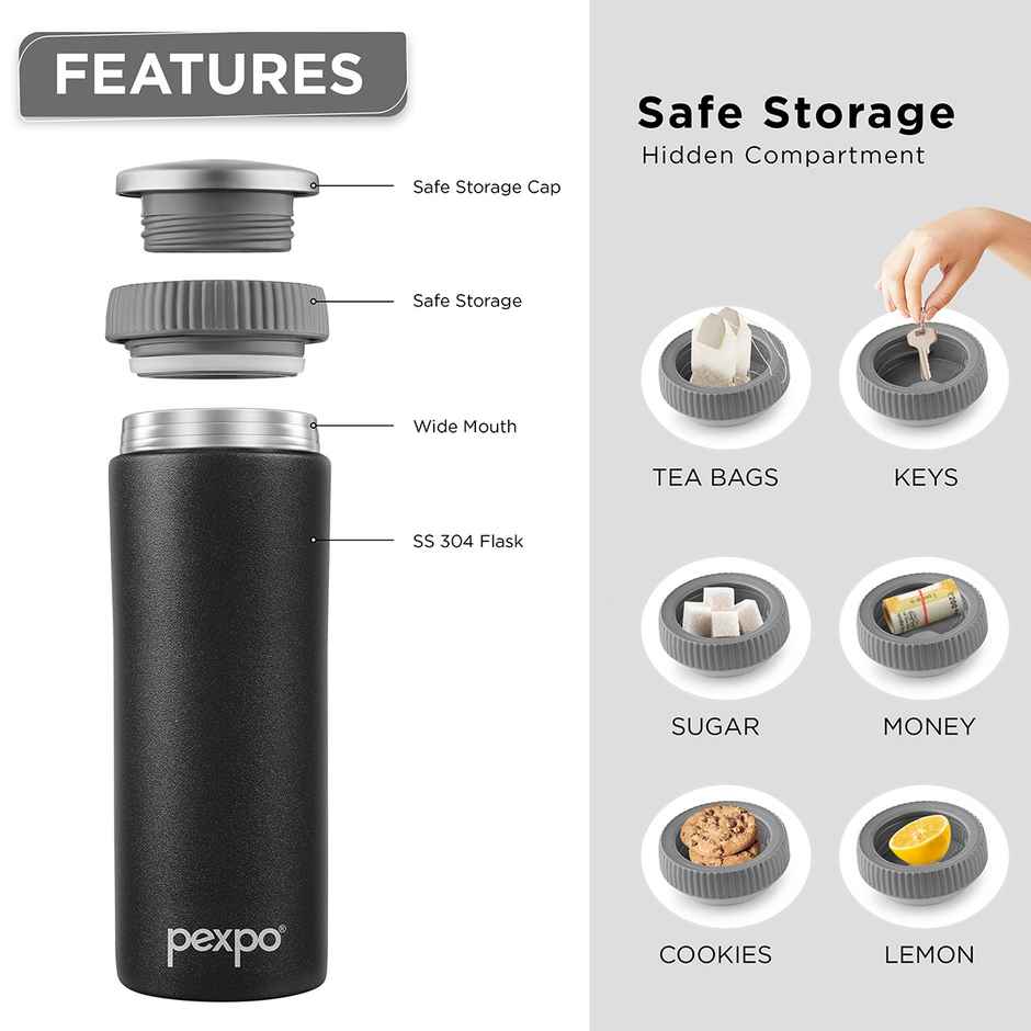 Pexpo Crypto ISI Certified Hot & Cold Flask | 430 ml | Knight Black | Stainless Steel