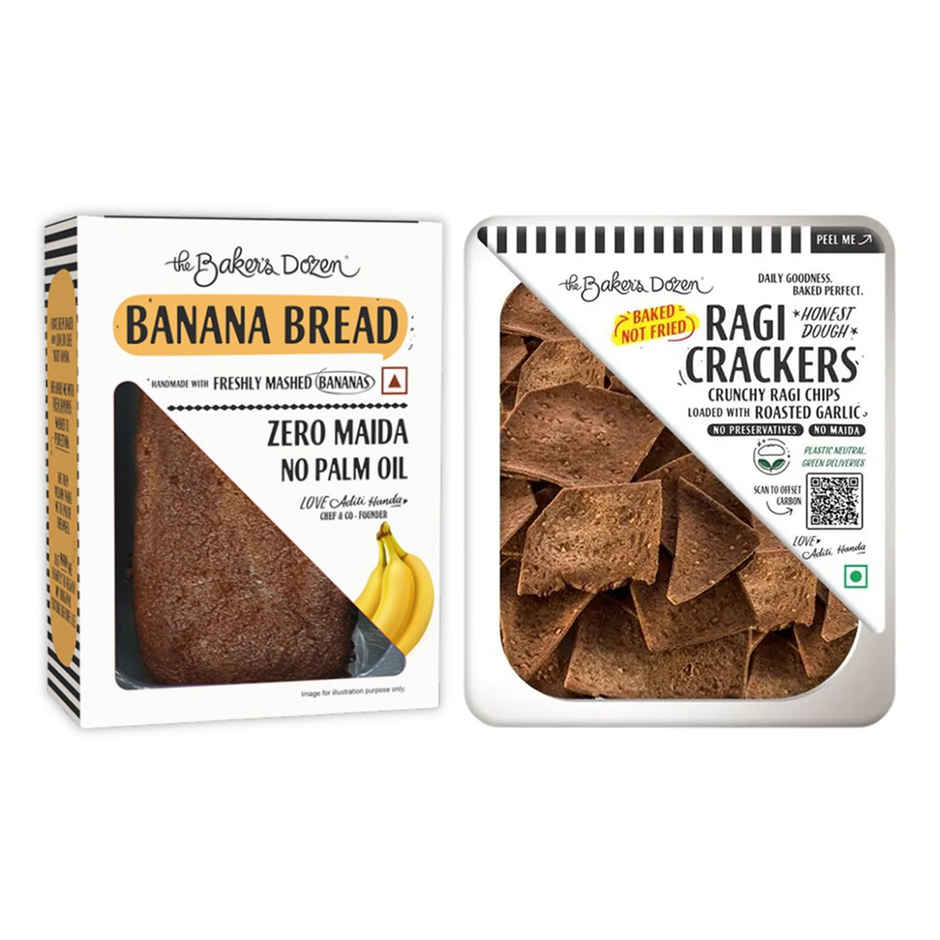 The Baker's Dozen Wheat Banana Bread & The Baker's Dozen Zero Maida Ragi Crackers (100g) Combo