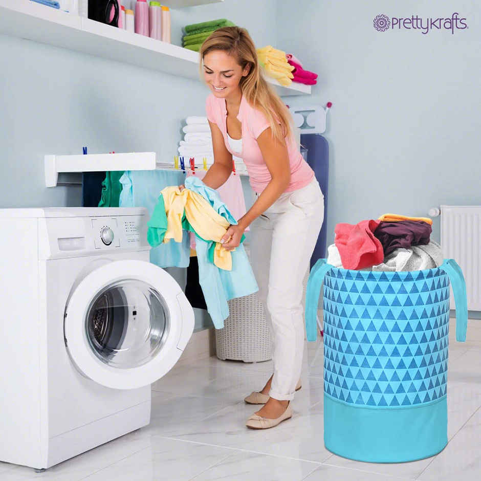 Prettykrafts 45 Ltr Folding Laundry Basket For Clothes, Freestanding Laundry Hamper, Set Of 1, Blue