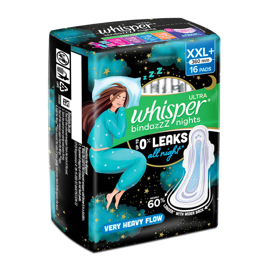 Whisper Bindazzz Nights Sanitary Pads | XXL+ | 16 pcs