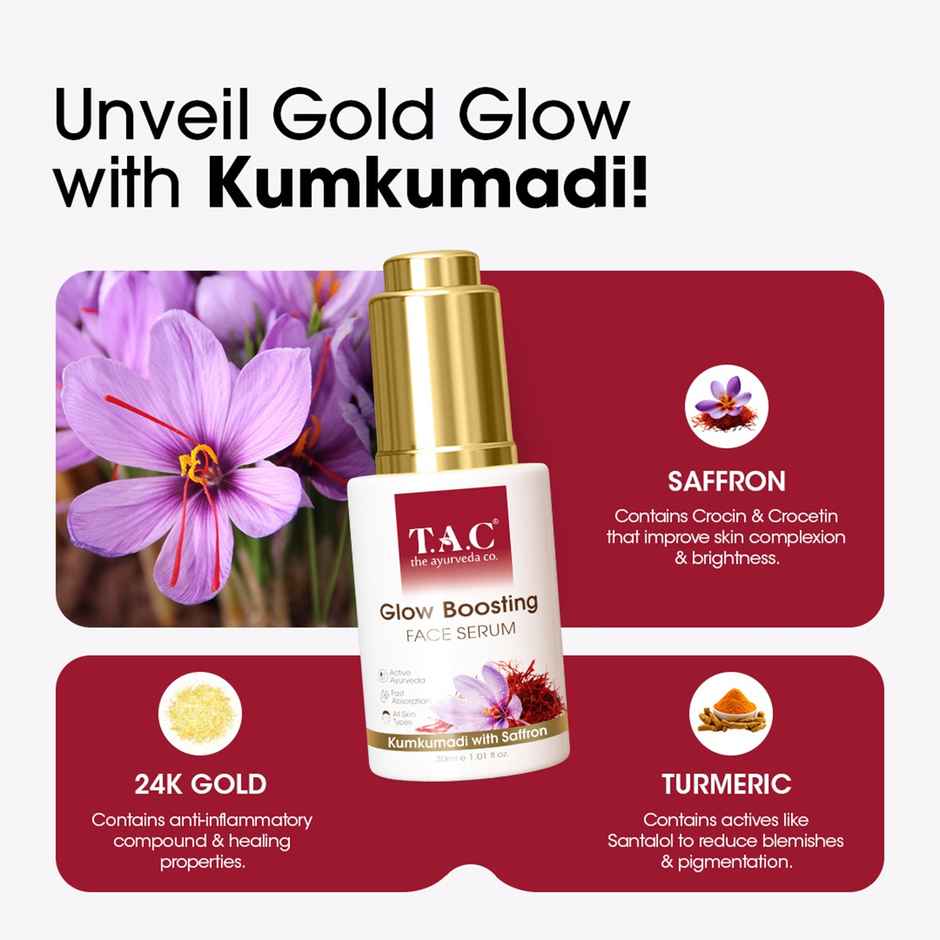 TAC Glow Boosting Face Serum With 24K Gold Brightens Controls Pigmentation All Skin Types