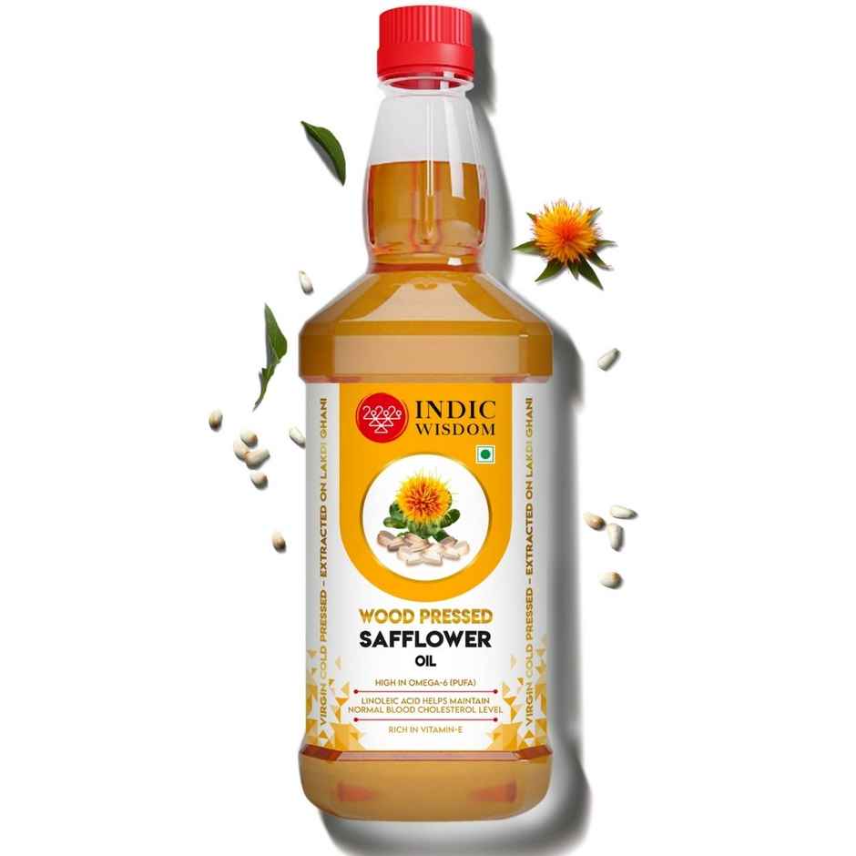 Indic Wisdom Wood Pressed Safflower Oil | Cold Pressed - Extracted on Wooden Churner Combo