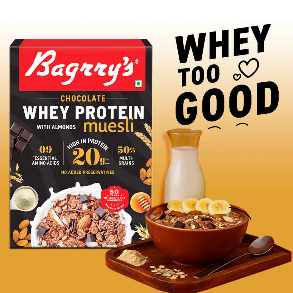 Bagrry's Whey Protein Chocolate Muesli with Almonds | 20g protein | Pure Whole Oats | 500gm carton