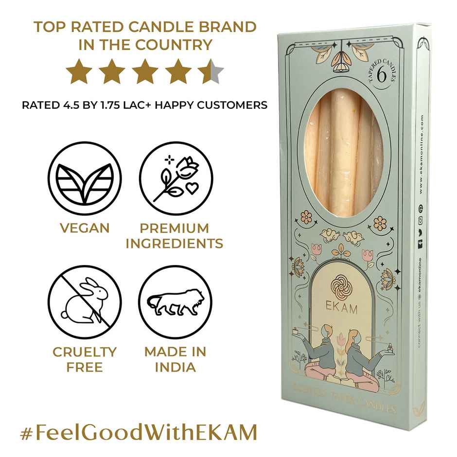 EKAM Scented Taper Candles (6 pcs) Gift Pack | Cedar & Mahogany | 52 g | 6 H Burn | Table Decor